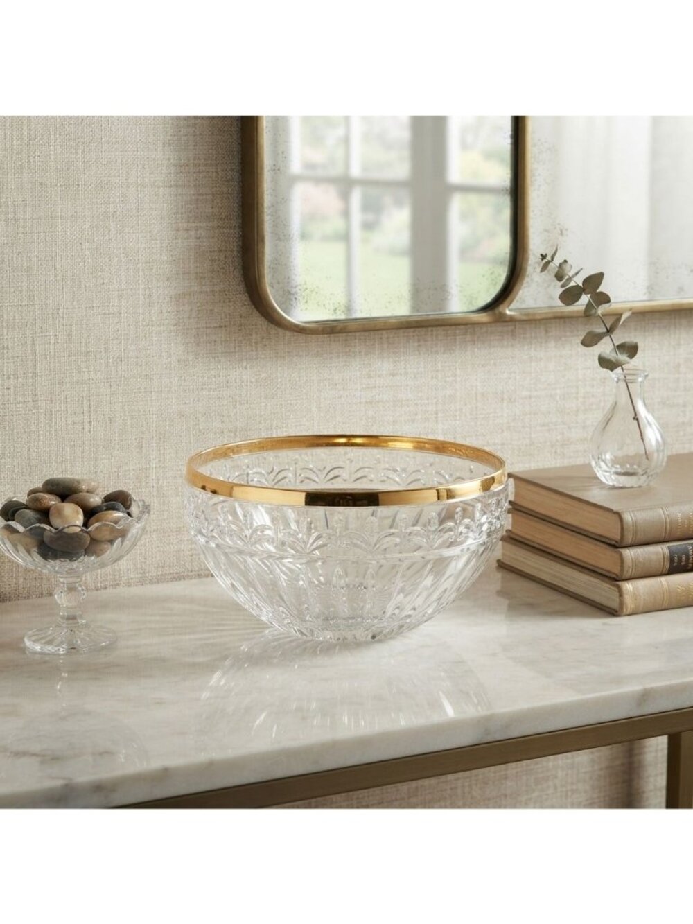 French Neoclassical Cut Crystal Bowl with Gold Rim Centerpiece Decor